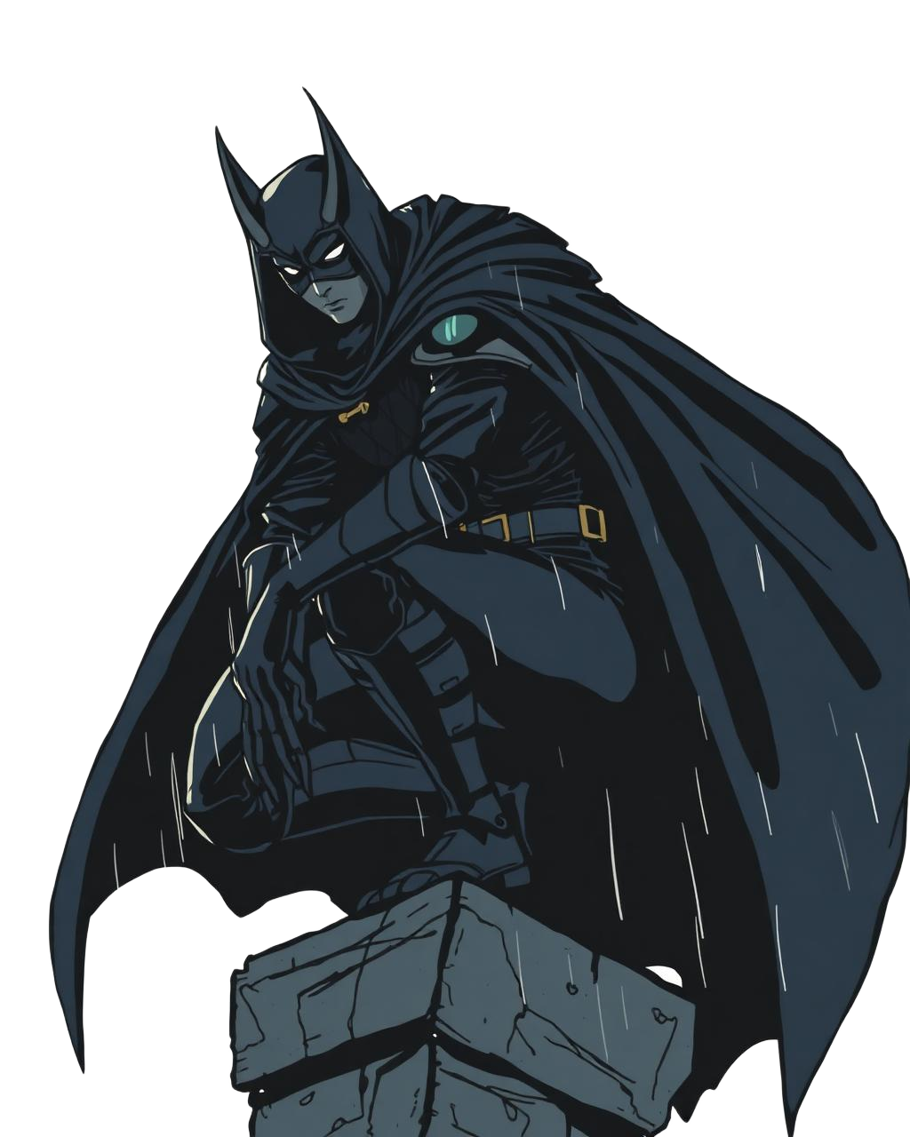 Armored caped vigilante crouched on a Gotham rooftop ledge in the rain