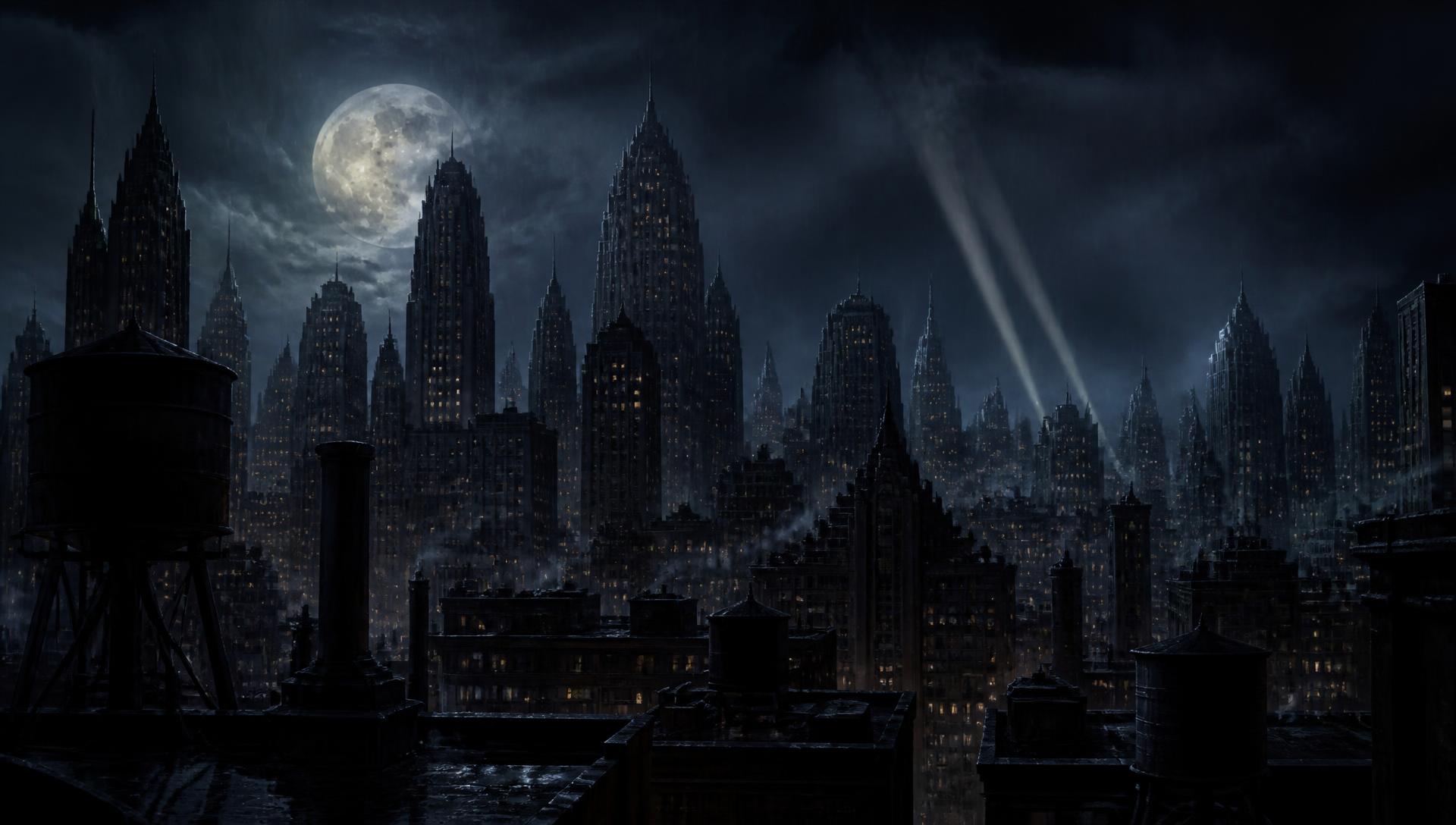 Gotham City skyline at night under a full moon